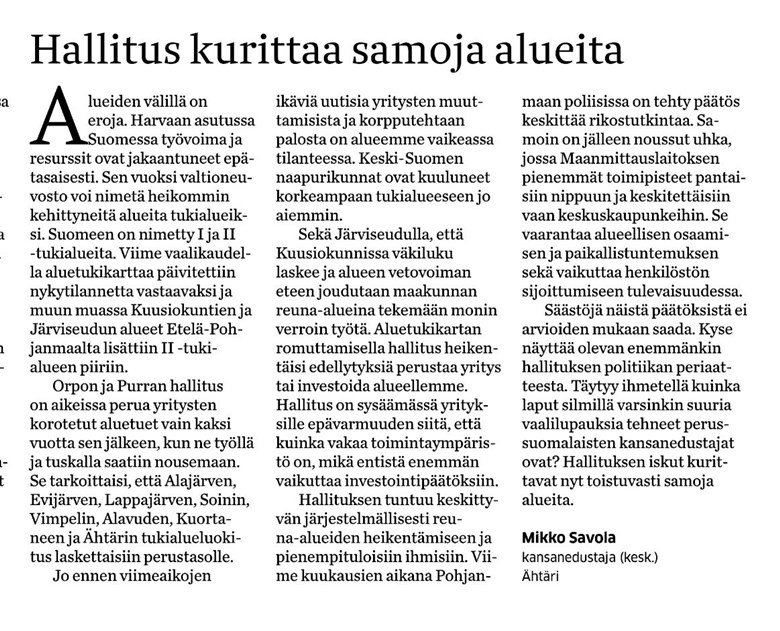 Miksi hallitus ja perussuomalaiset kurittavat samojen alueiden elinvoimaa?